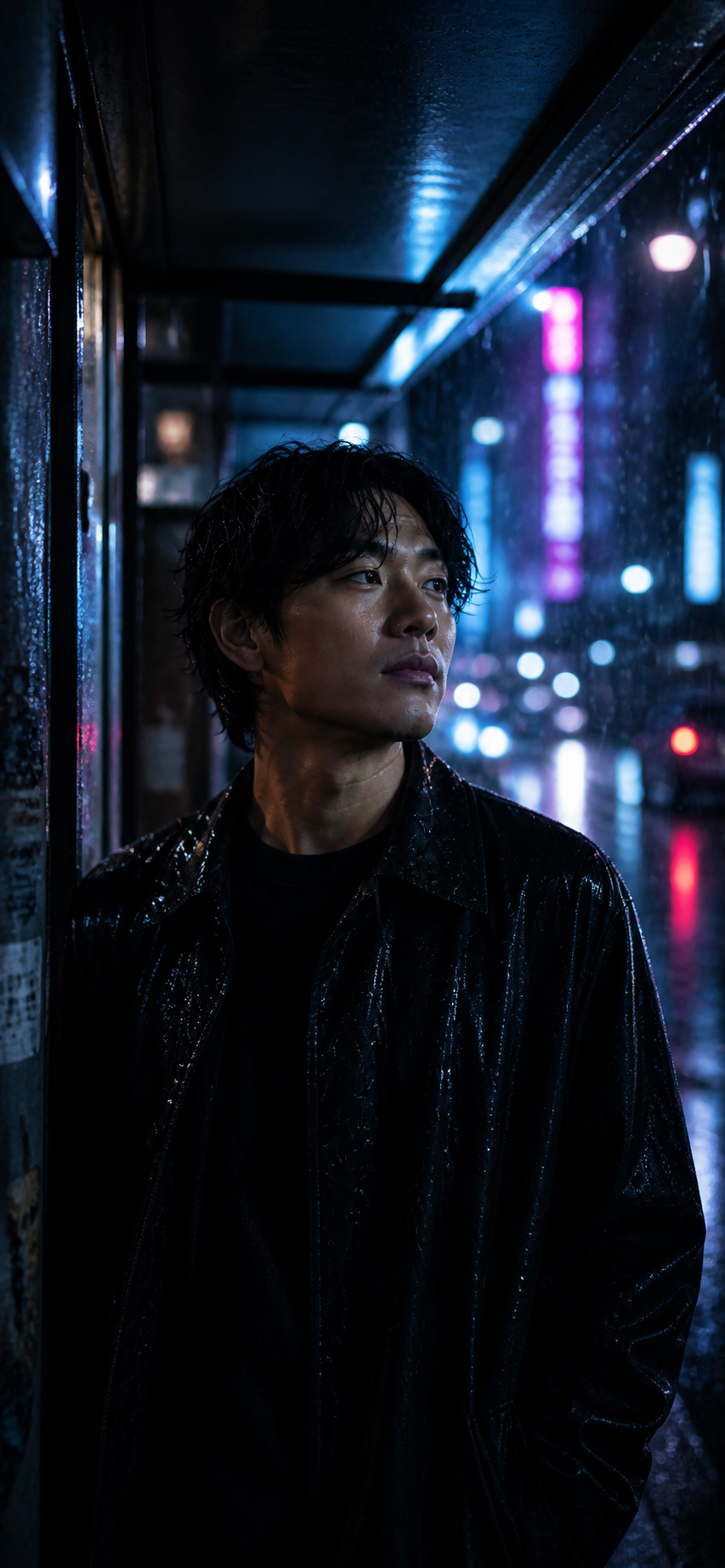 一位穿黑色外套的男子站在東京夜晚的屋簷下，身後是霓虹燈招牌與雨夜街道的光點。