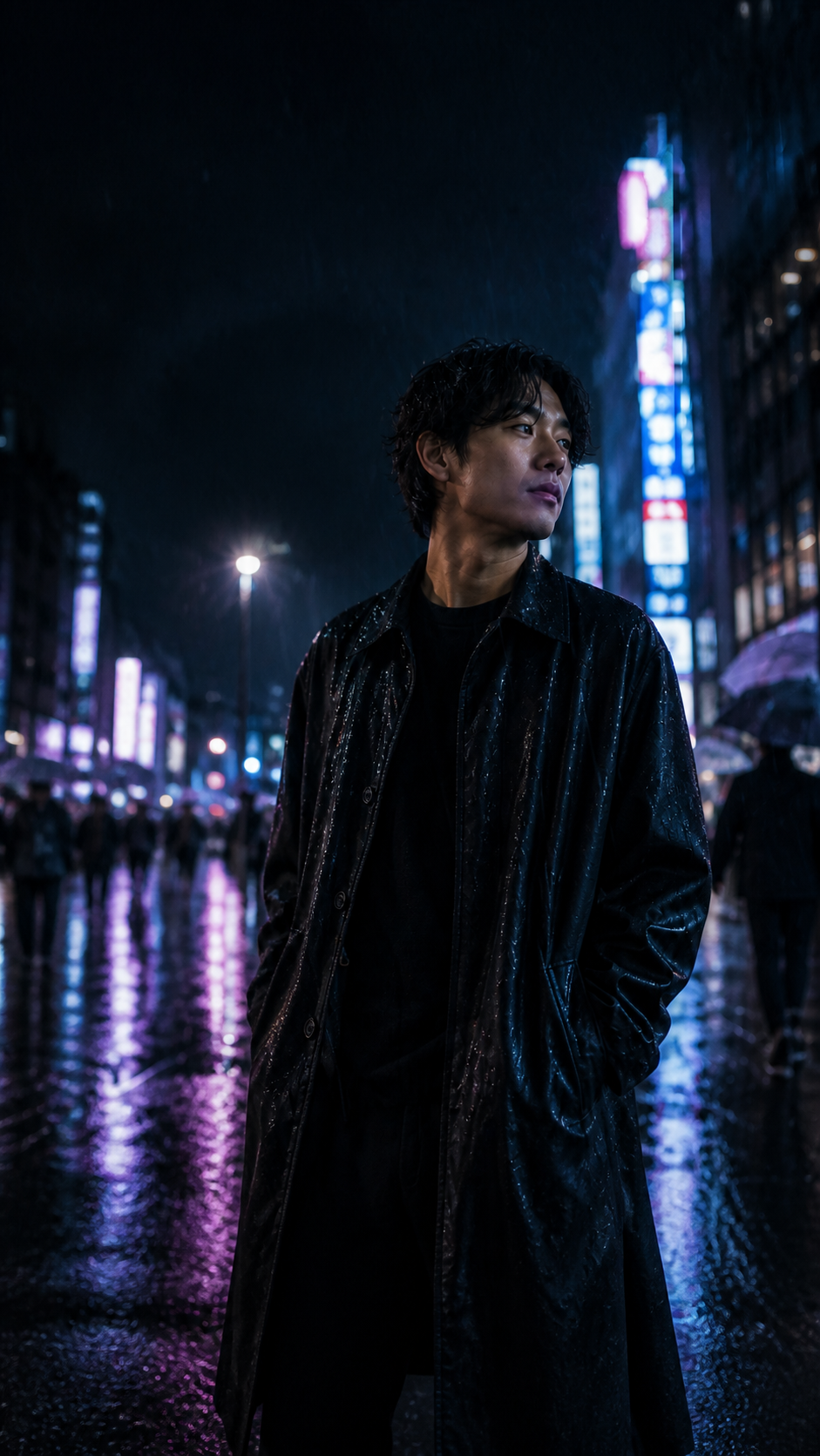 雨夜的東京街頭,一人站在濕潤的街道上,城市燈光在黑暗中暈成光點。