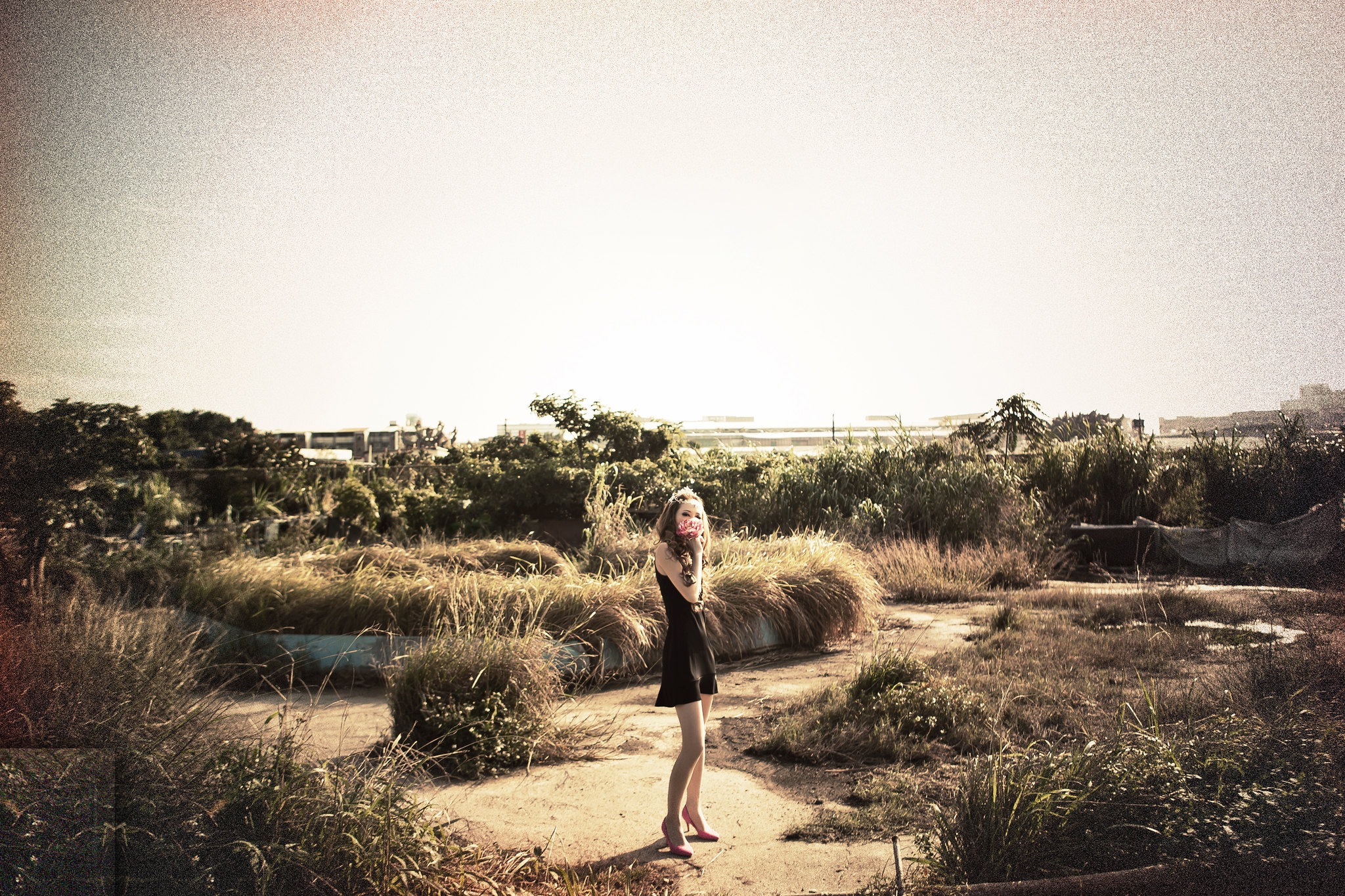 Woman in a black dress and pink heels on a dirt path in a sunlit grassy field, holding a pink flower by her cheek; warm vintage tones